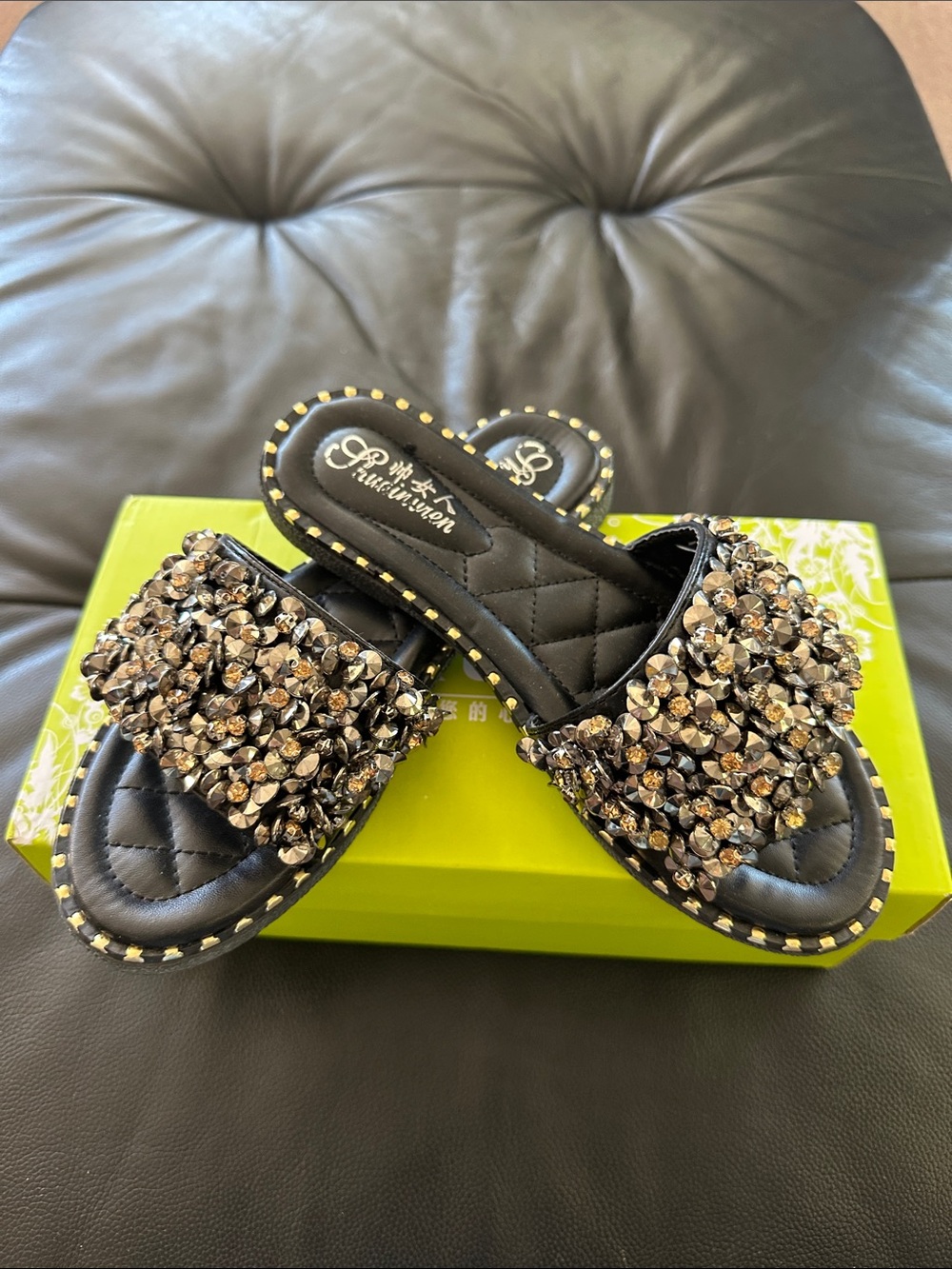 Betsey Johnson Black Jeweled Slide Sandals